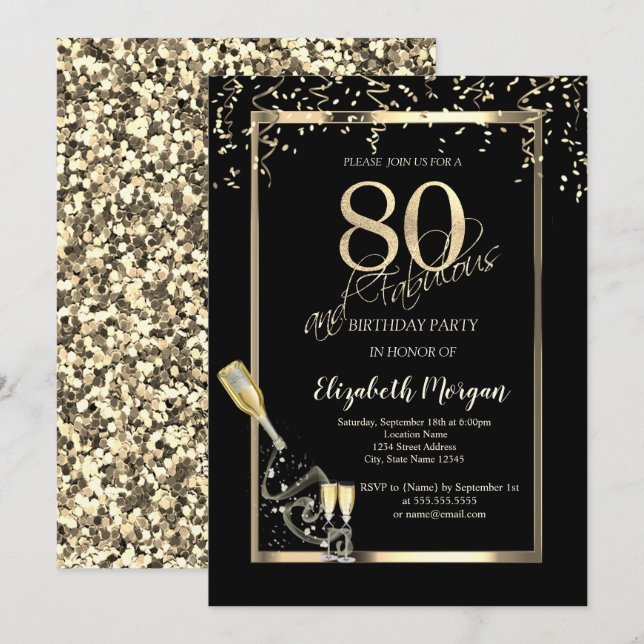 Invitation Paillettes dorées, Bouteille de vin Verre 80e anni (Devant / Derrière)