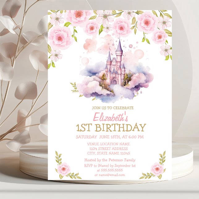 Invitation Paillettes dorées, Château aquarelle, Anniversaire (Créateur téléchargé)