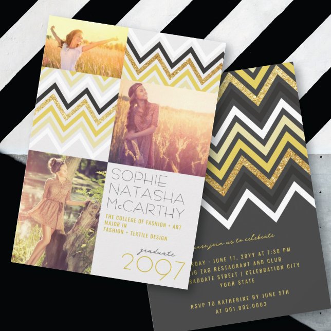 Invitation Paillettes dorées, chevrons chic et rayures pour u (Créateur téléchargé)