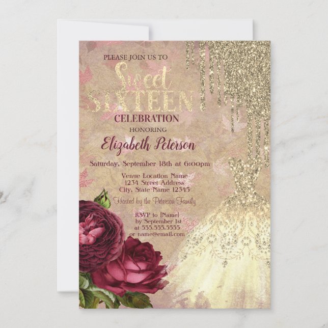 Invitation Paillettes dorées Cool Glitter, Robes de roses Dou (Devant)
