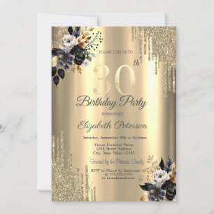 Invitation Paillettes dorées dégoulinantes Roses noires 30e a