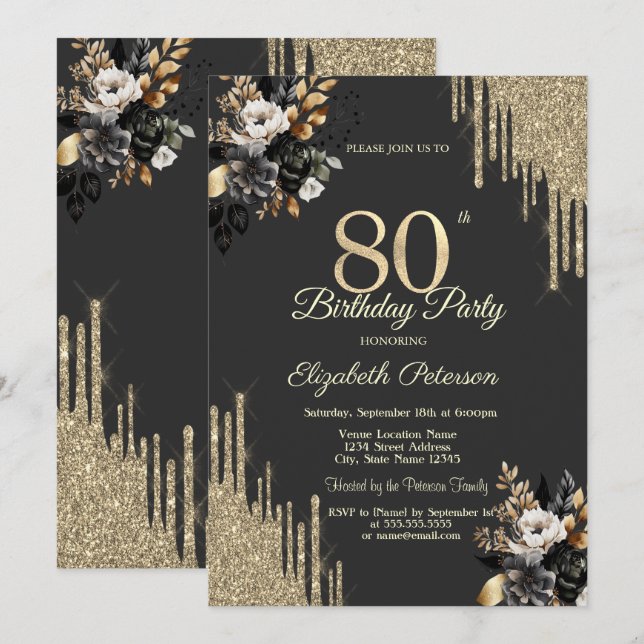 Invitation Paillettes dorées dégoulinantes Roses noires Sombr (Devant / Derrière)