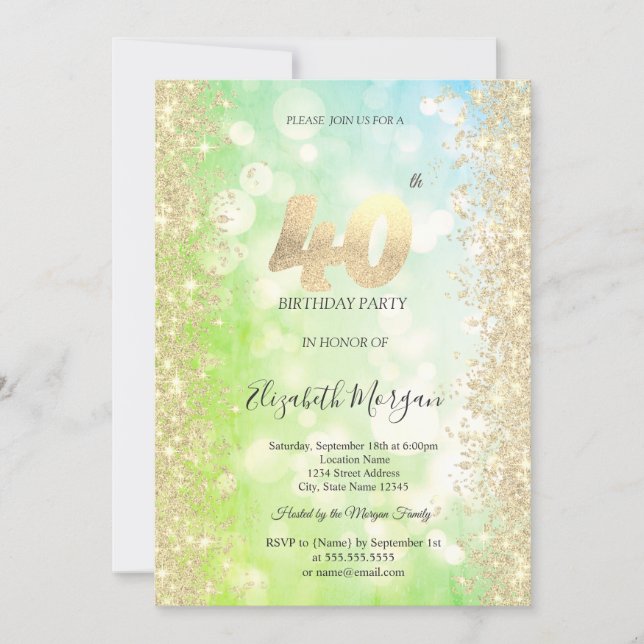 Invitation Paillettes dorées Diamants Bokeh 40e Anniversaire  (Devant)