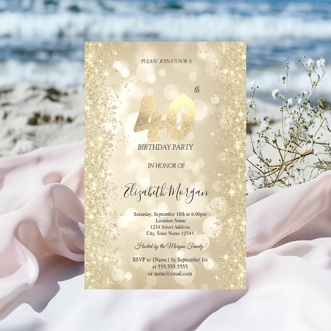 Invitation Paillettes dorées Diamants Bokeh 40e Anniversaire  (Créateur téléchargé)