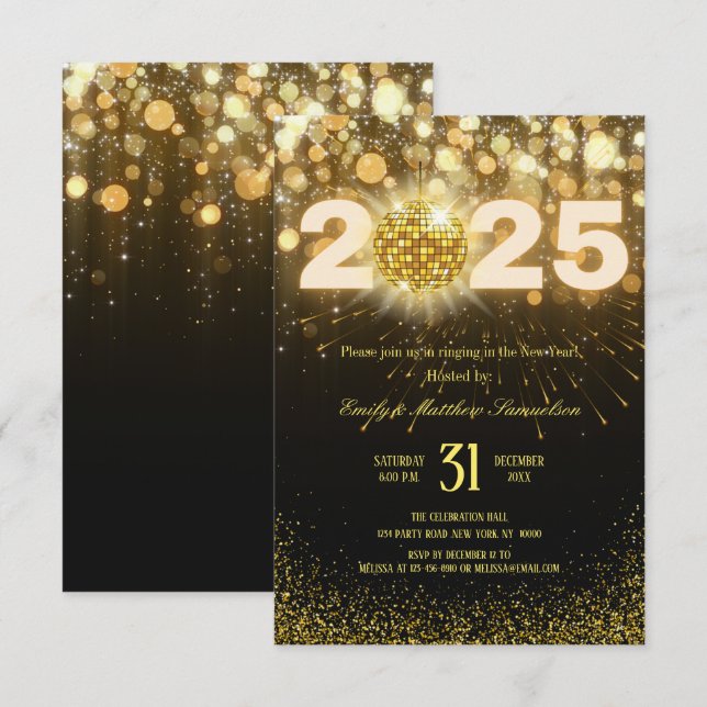 Invitation Paillettes dorées élégantes | Soirée du Nouvel An  (Devant / Derrière)