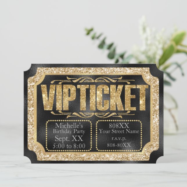Invitation Paillettes dorées et diamants sur billet doré noir (Debout devant)
