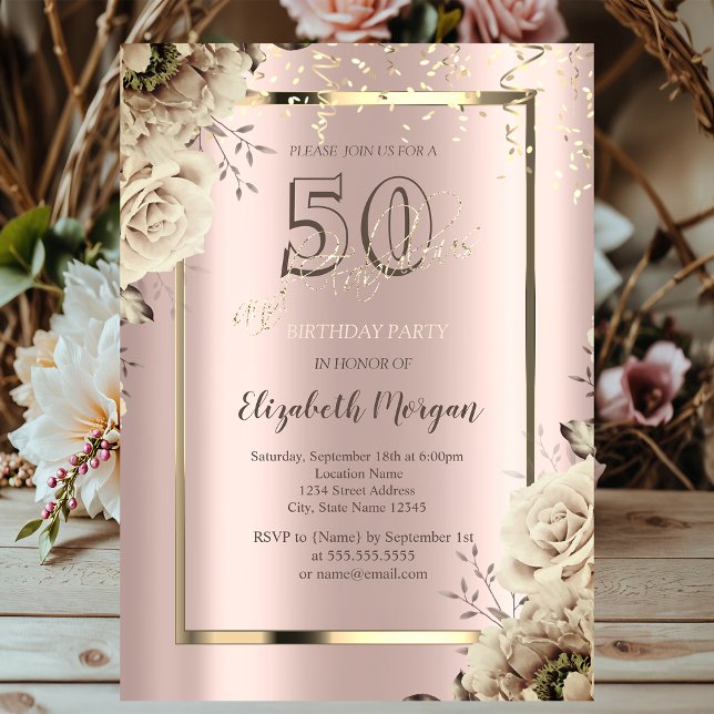 Invitation Paillettes dorées, Fleurs Rose Gold 50e Anniversai (Créateur téléchargé)