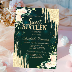 Invitation Paillettes dorées Fleurs vertes gouttes