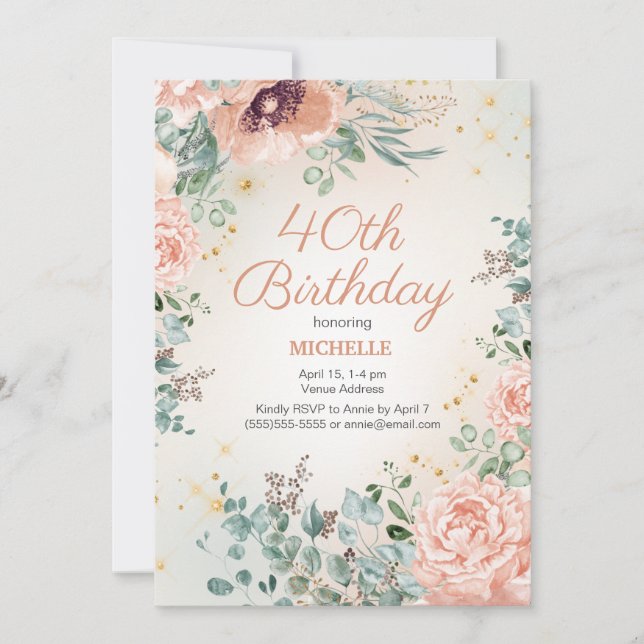 Invitation Paillettes dorées Floral Rose 40e Anniversaire (Devant)