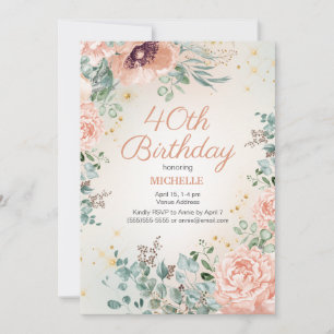 Invitation Paillettes dorées Floral Rose 40e Anniversaire
