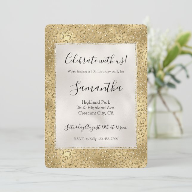 Invitation Paillettes dorées glamour imprimé léopard (Debout devant)