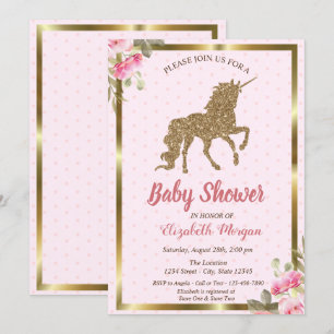 Invitation Paillettes dorées licorne pois, floral Baby Shower