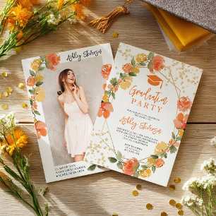 Invitation Paillettes dorées Orange Jaune floral photo remise