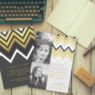 Invitation Paillettes dorées rayures chevron élégante fête de