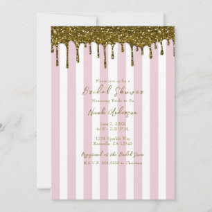 Invitation Paillettes dorées, rayures roses bonbon, douche de