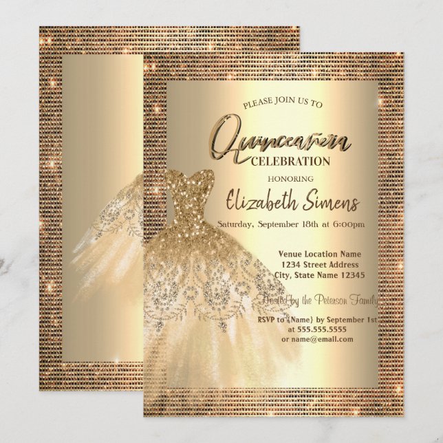 Invitation Paillettes dorées, robe chic Quinceañera  (Devant / Derrière)
