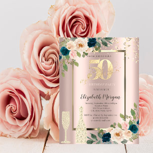 Invitation Paillettes dorées, Roses bleues Champagne 50e anni