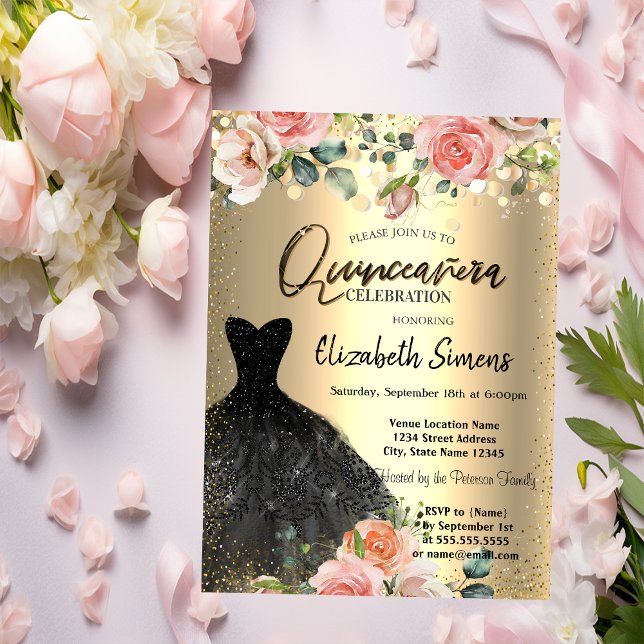 Invitation Paillettes dorées, Roses noires pour robe de Quinc (Créateur téléchargé)