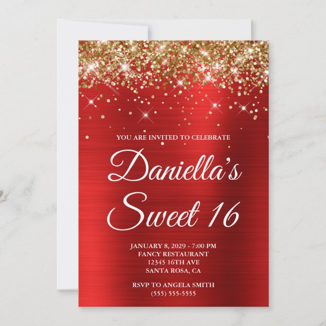 Invitation Paillettes dorées rouge vif Sweet 16 (Devant)