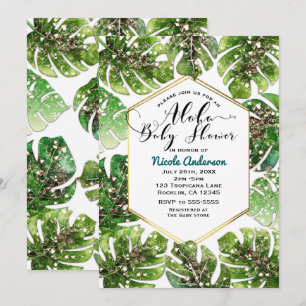 Invitation Paillettes dorées scintillantes feuilles tropicale
