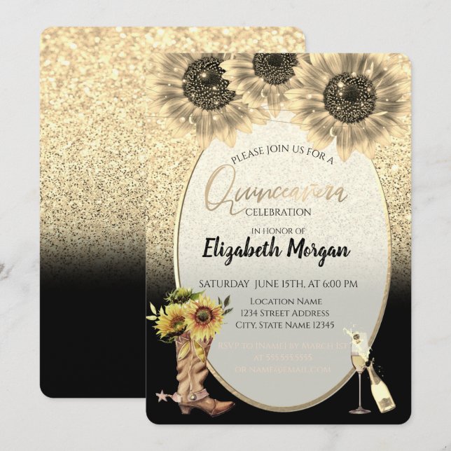 Invitation Paillettes dorées, tournesols, verre Quinceanera  (Devant / Derrière)