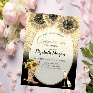 Invitation Paillettes dorées, tournesols, verre Quinceanera