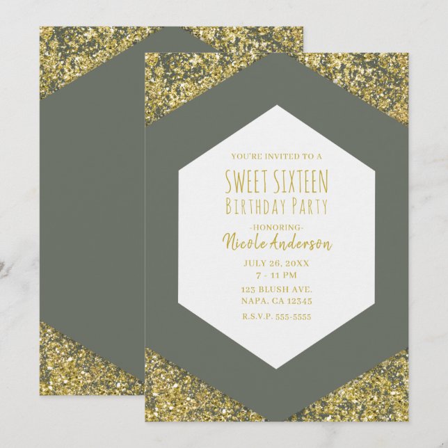 Invitation Paillettes dorées vert olive Glam Sweet 16 (Devant / Derrière)