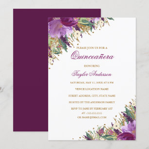 Invitation Paillettes dorées violettes Améthyste Quinceanera