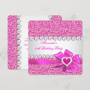 Invitation Paillettes Élégantes Cœur Rose Chaud Ruban Anniver