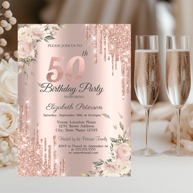 Invitation Paillettes Élégantes qui Coulent, Fleurs Rose Doré (Créateur téléchargé)