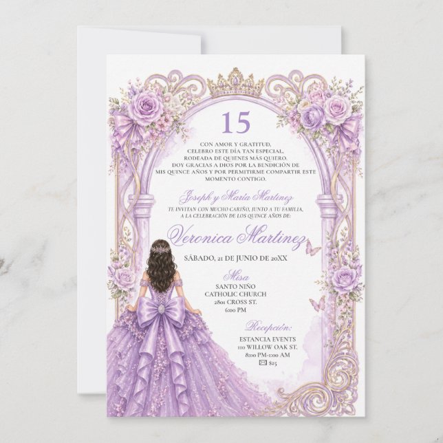 Invitation Paillettes Espagnoles Fleur Princesse Violet 15 An (Devant)