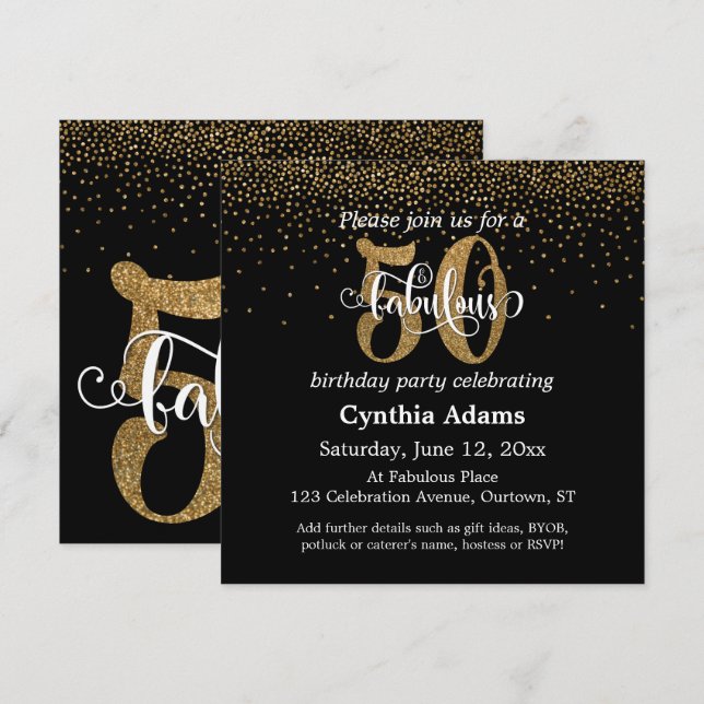Invitation Paillettes et écriture 50 et fabuleux sur fond noi (Devant / Derrière)