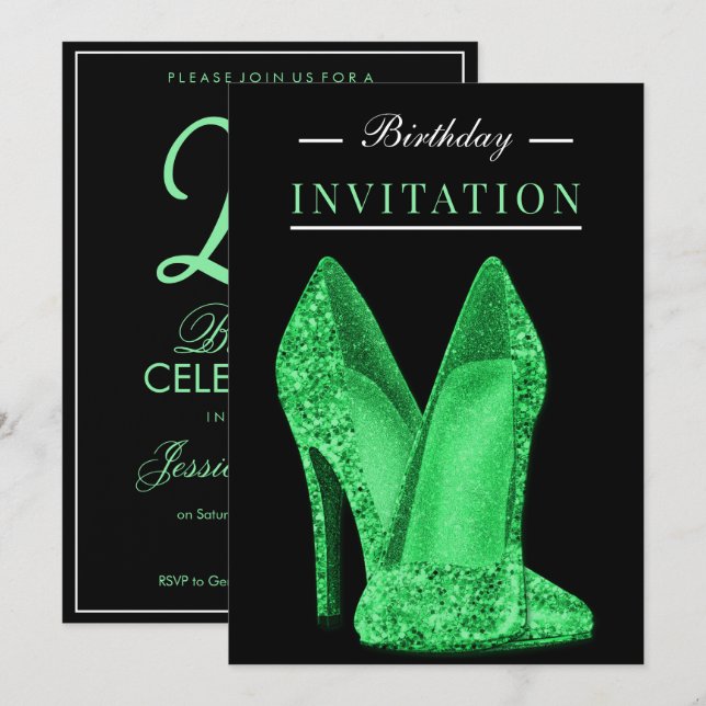 Invitation Paillettes et Féerie Vert Clair 25e Anniversaire (Devant / Derrière)