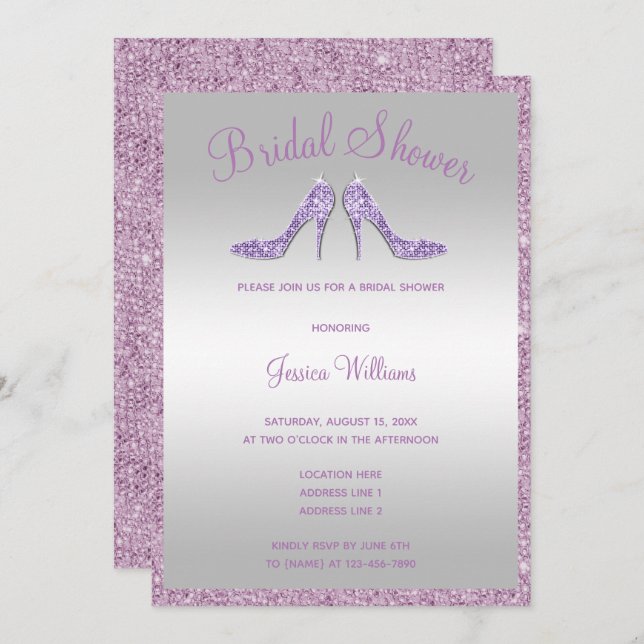 Invitation Paillettes et Fête de la mariée lilas étincelantes (Devant / Derrière)
