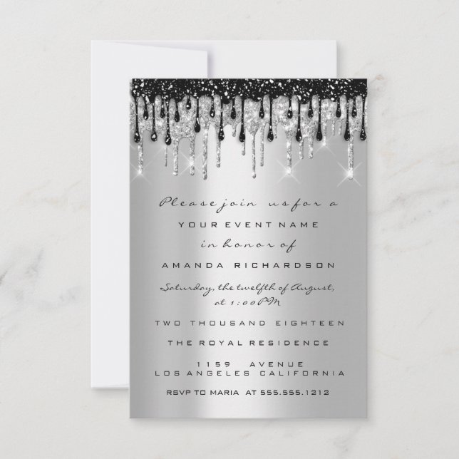 Invitation Paillettes étincelantes Argent Noir Gouttes Mariée (Devant)