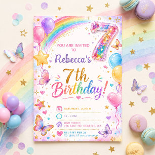 Invitation Paillettes Étincelles 7e Anniversaire Filles Fête