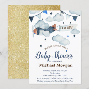 Invitation Paillettes, Étoiles, Nuages, Baby Shower Avion
