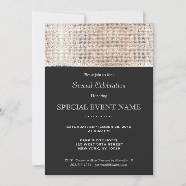 Invitation Paillettes Faux Argent Élégantes Soirée Noire (Devant)