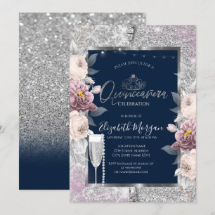 Invitation Paillettes, Fleurs Boho, Perles de Verre Bleu Quin