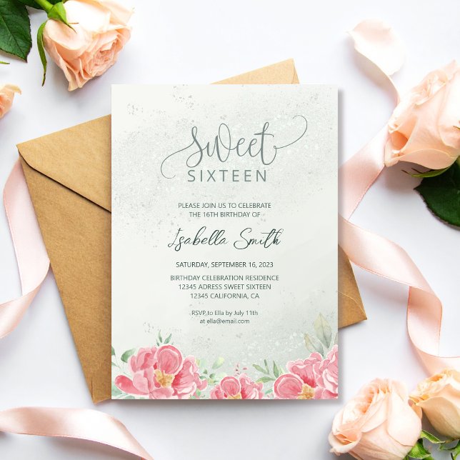 Invitation Paillettes Fleurs Vert Douce & Rose Anniversaire 1 (Créateur téléchargé)