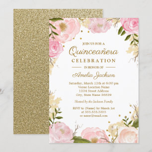Invitation Paillettes Floral Rose Or Quinceanera
