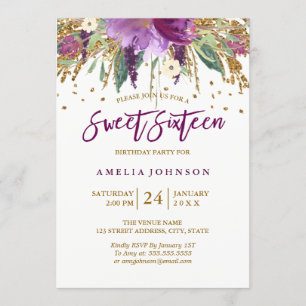 Invitation Paillettes Florales Améthyste Étincelante Sweet Si