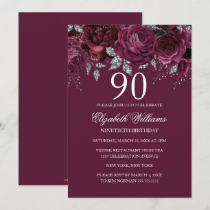 Invitation Paillettes Florales Bourgogne Argent 90e Anniversa