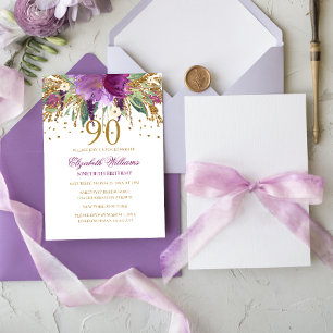 Invitation Paillettes Florales Étincelantes Anniversaire 90 A