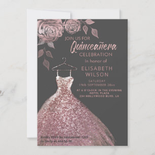 Invitation Paillettes florales Robe or rose Quinceañera Invit