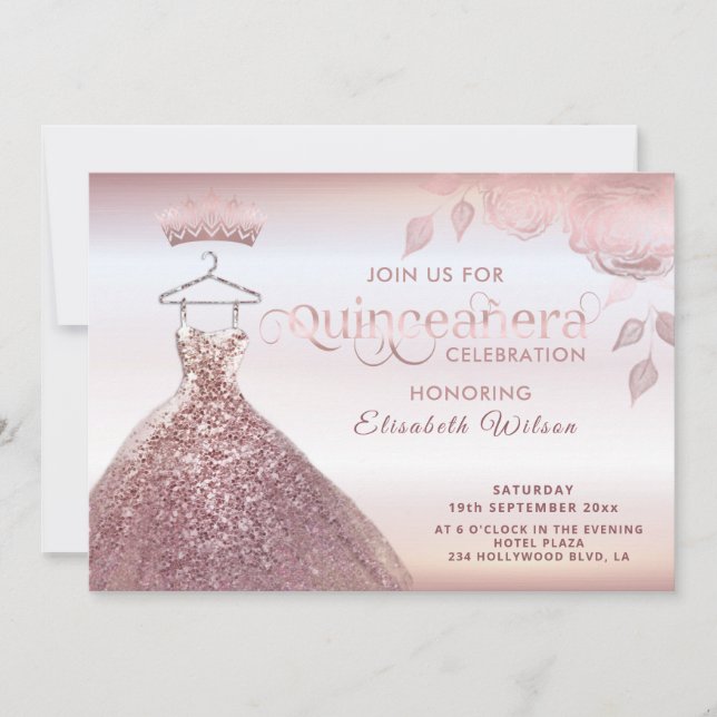 Invitation Paillettes florales Robe or rose Quinceañera Invit (Devant)