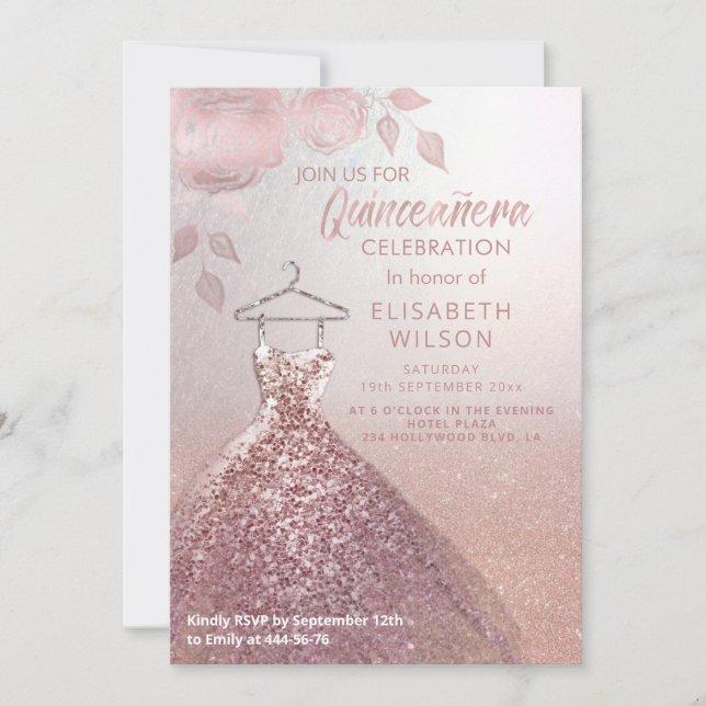 Invitation Paillettes florales Robe or rose Quinceañera Invit (Devant)