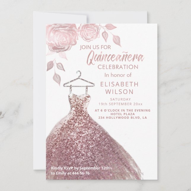 Invitation Paillettes florales Robe or rose Quinceañera Invit (Devant)