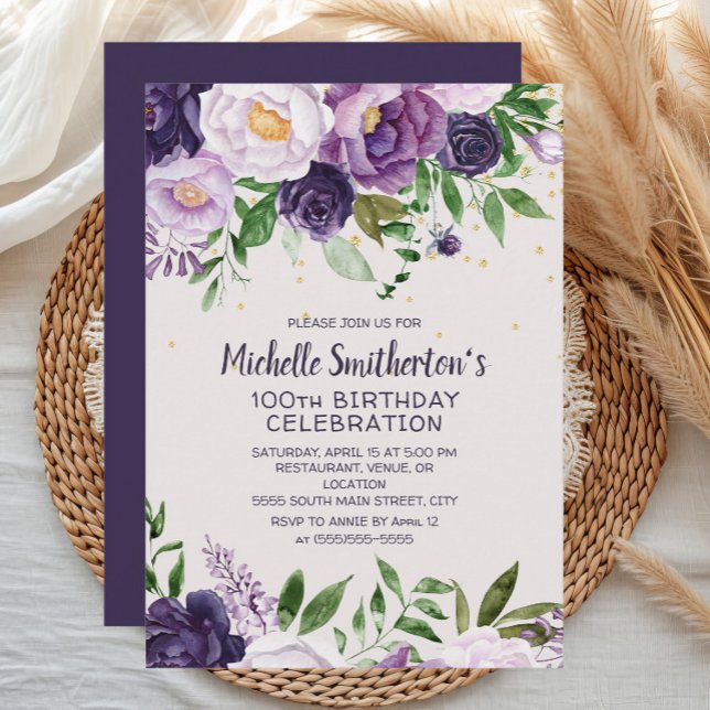 Invitation Paillettes Florales Violettes 100e Anniversaire (Purple watercolor floral women's 100th birthday party invitation)