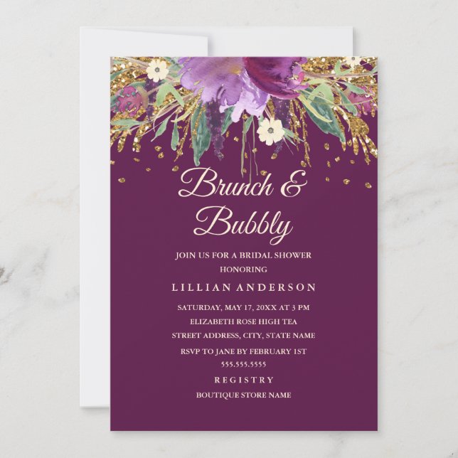 Invitation Paillettes Florales Violettes Améthyste Brunch et  (Devant)